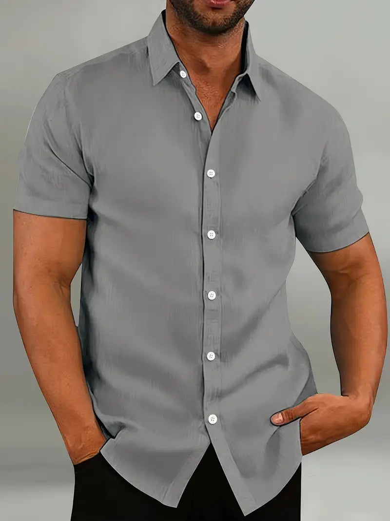 Herrenhemd - Klassisches Kurzarm-Knopfleistenhemd-Grau-XS-Chaps Herrenmode