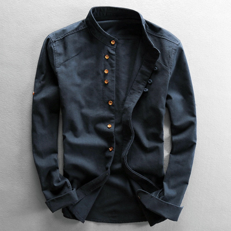 Herrenhemd – bequem – langärmlig – japanisches Hemd – Hemd mit Knöpfen-Blau-S-Chaps Herrenmode