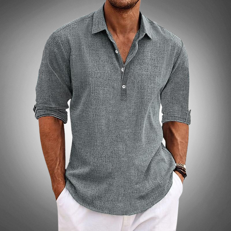 Herrenhemd – halbe Knopfleiste – langärmlig – Freizeithemd – Polohemd-Grau-S-Chaps Herrenmode