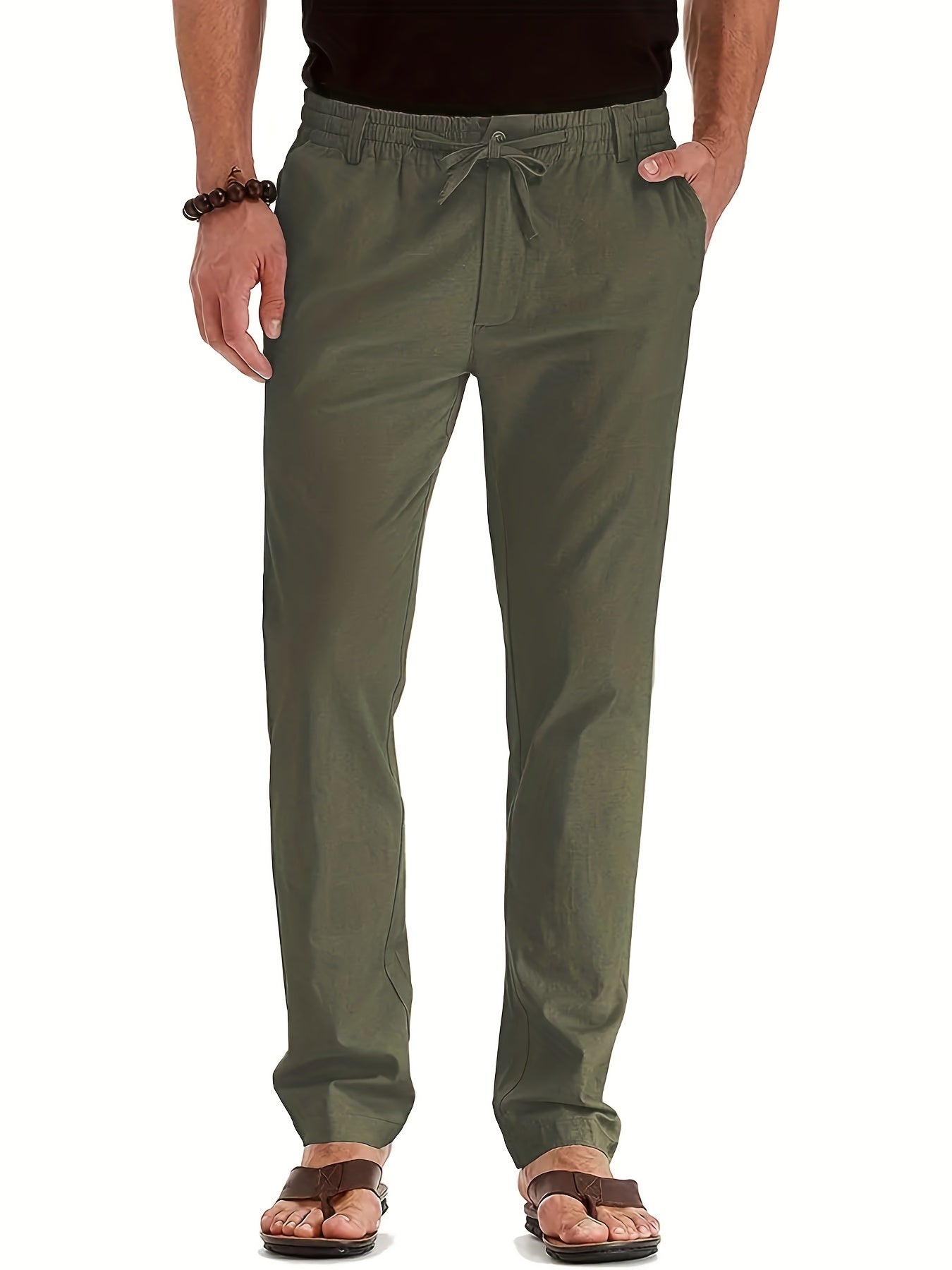 Herrenhosen | Elastische Taille | Baumwolle | Leinenhosen | Slim Fit Chinos-Armeegrün-S-Chaps Herrenmode