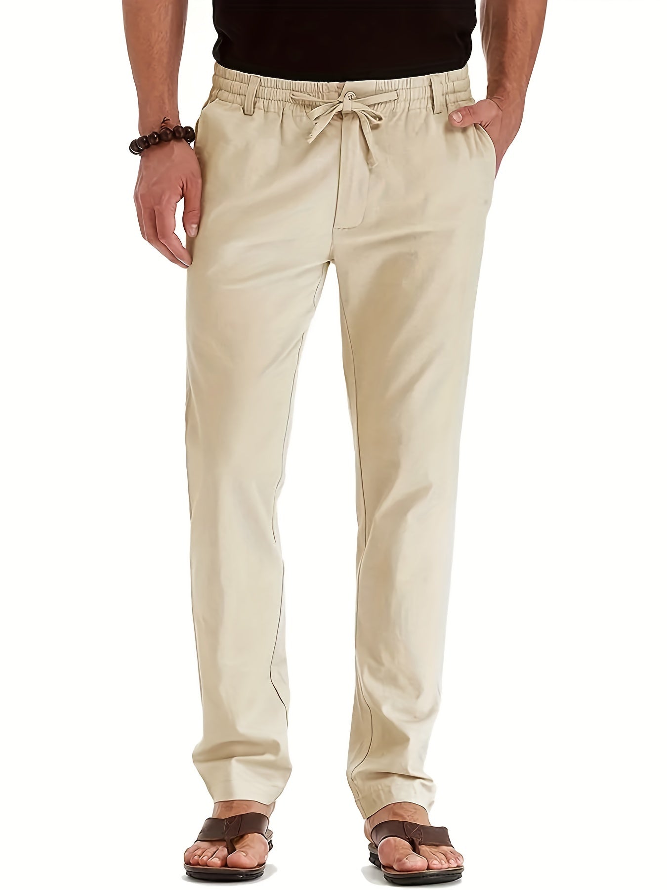 Herrenhosen | Elastische Taille | Baumwolle | Leinenhosen | Slim Fit Chinos-Beige-S-Chaps Herrenmode