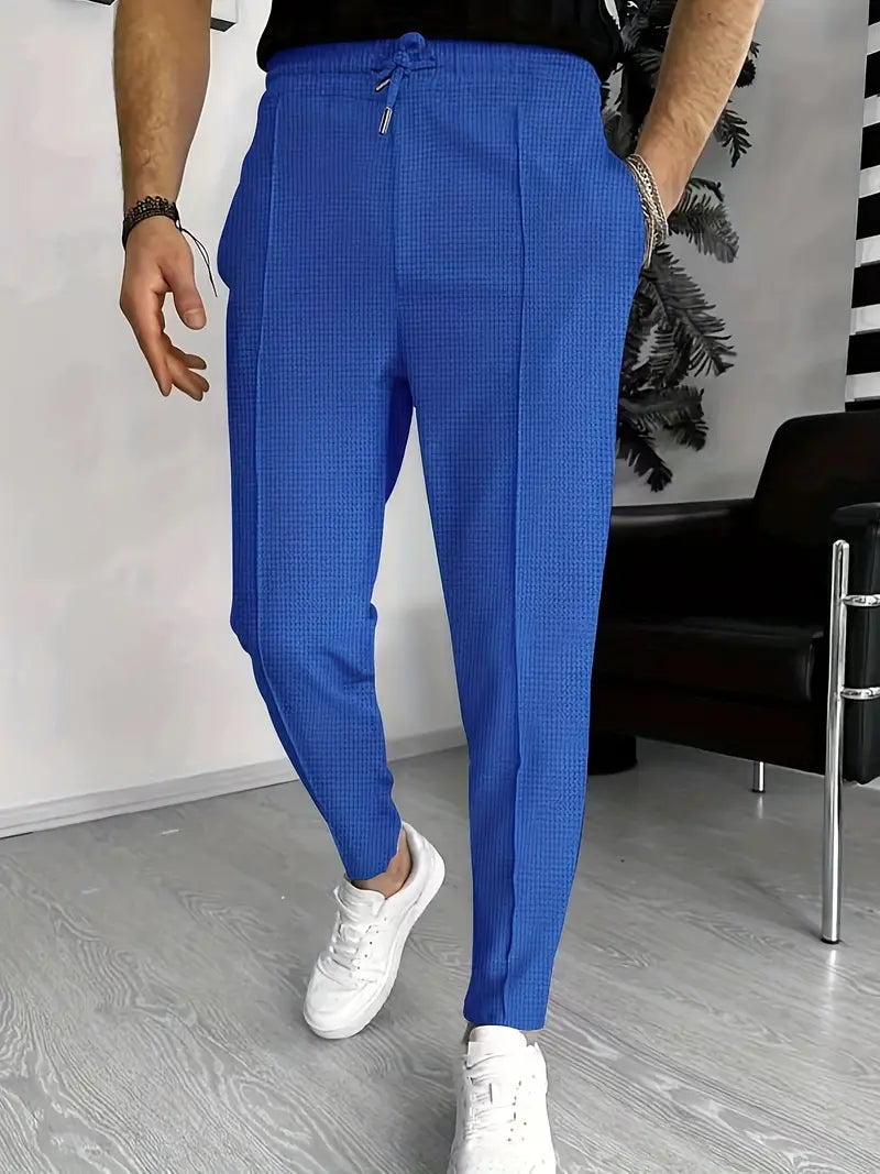 Herrenhosen - Elastischer Bund - Kordelzug - Slim Fit Jogger - Waffelhosen-Blau-S-Chaps Herrenmode