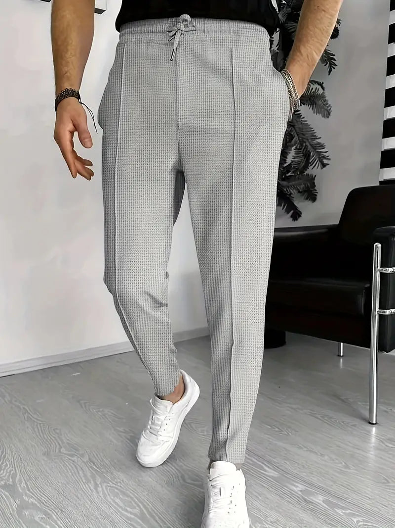 Herrenhosen - Elastischer Bund - Kordelzug - Slim Fit Jogger - Waffelhosen-Grau-S-Chaps Herrenmode