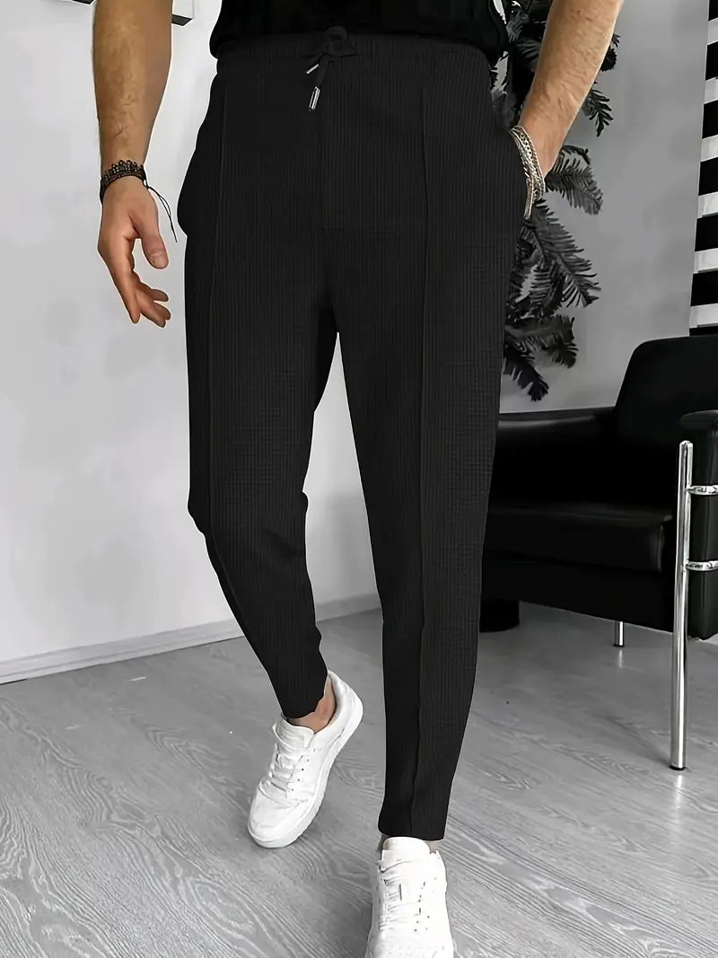 Herrenhosen - Elastischer Bund - Kordelzug - Slim Fit Jogger - Waffelhosen-Schwarz-S-Chaps Herrenmode