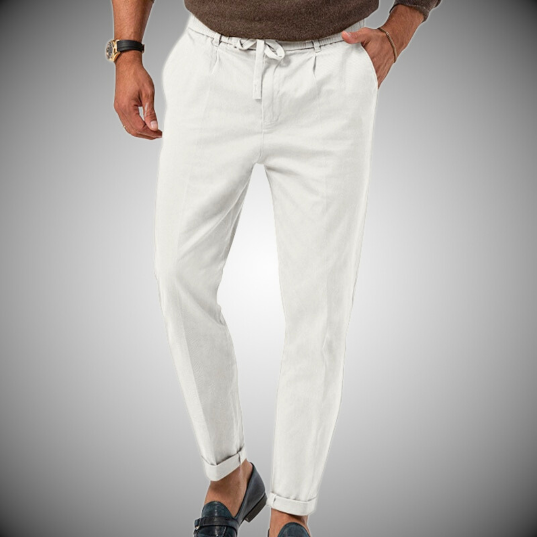 Herrenhosen – Lässige, Leichte Leinenhose mit Kordelzug-Weiß-S-Chaps Herrenmode