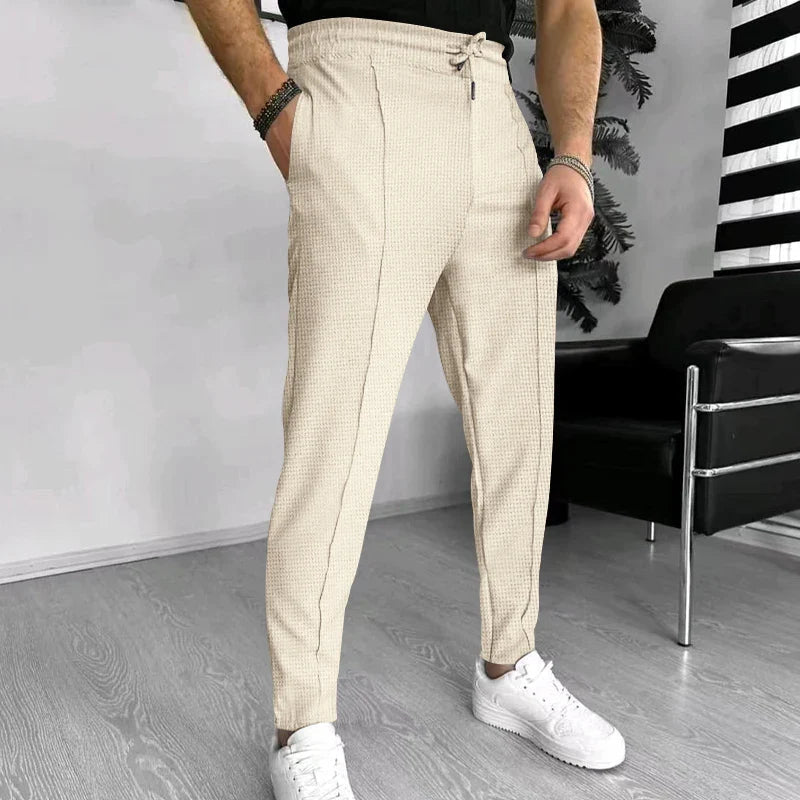 Herrenhosen - Lässige elastische Taille Stretch Slim Fit Sweatpants-Beige-M-Chaps Herrenmode
