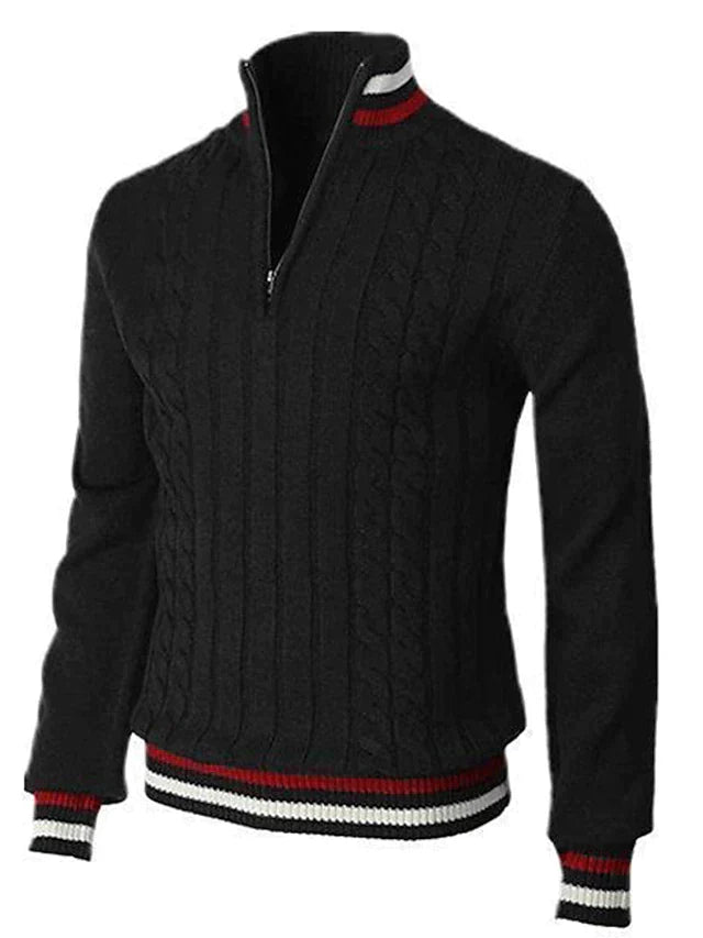 Herrenpullover mit Viertelreißverschluss | Zopfmuster | Gestrickt | Polopullover | Pullover mit halbem Reißverschluss für Herren-Schwarz-S-Chaps Herrenmode
