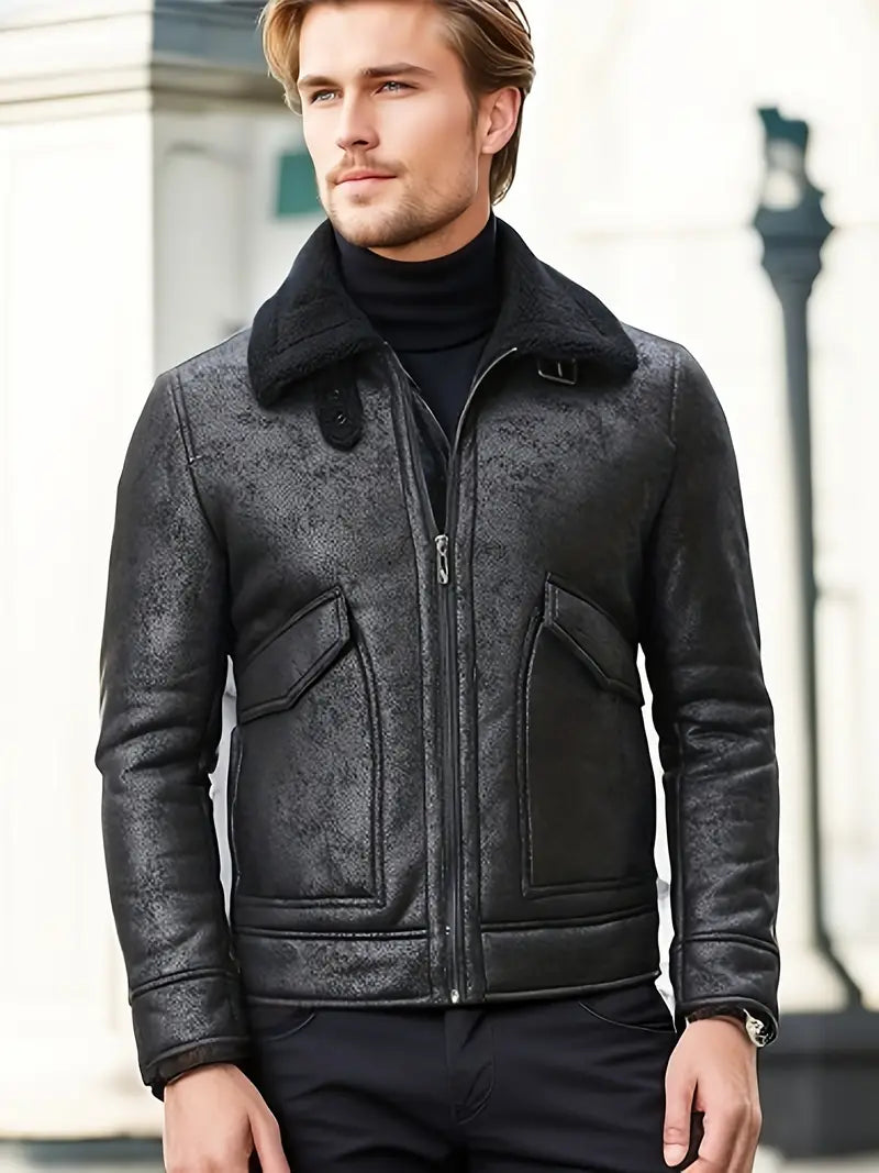 Idris Kunstlederjacke | Fleecegefütterte Winterjacke für Männer-Schwarz-XS-Chaps Herrenmode