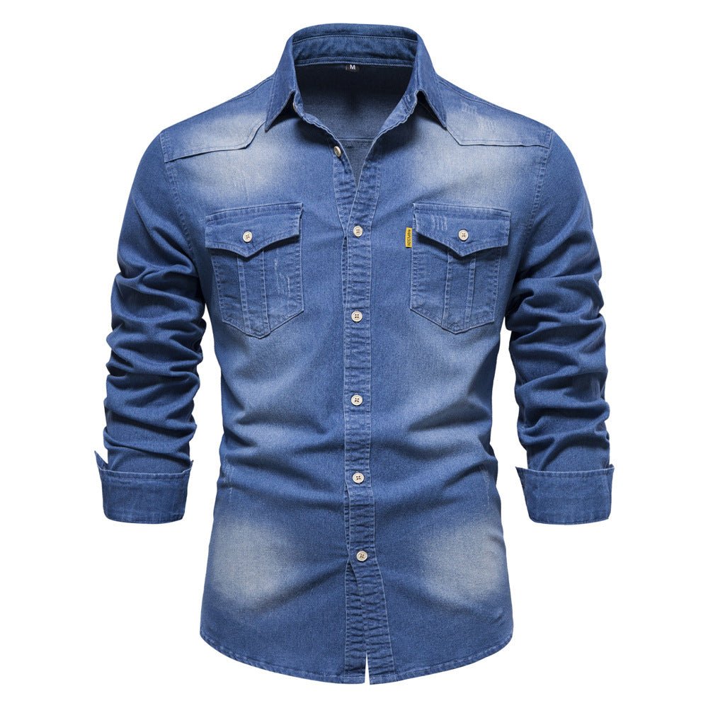 Jeanshemd | Langarm | Schmaler Schnitt | Hemd mit Knöpfen | Herrenhemd-Mittelblau-S-Chaps Herrenmode