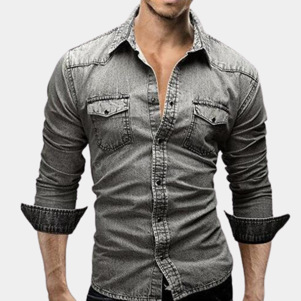 Jeanshemd - Slim Fit - Long Sleeve - Buttoned Up Shirt - Men's Shirts-Hellgrau-M-Chaps Herrenmode