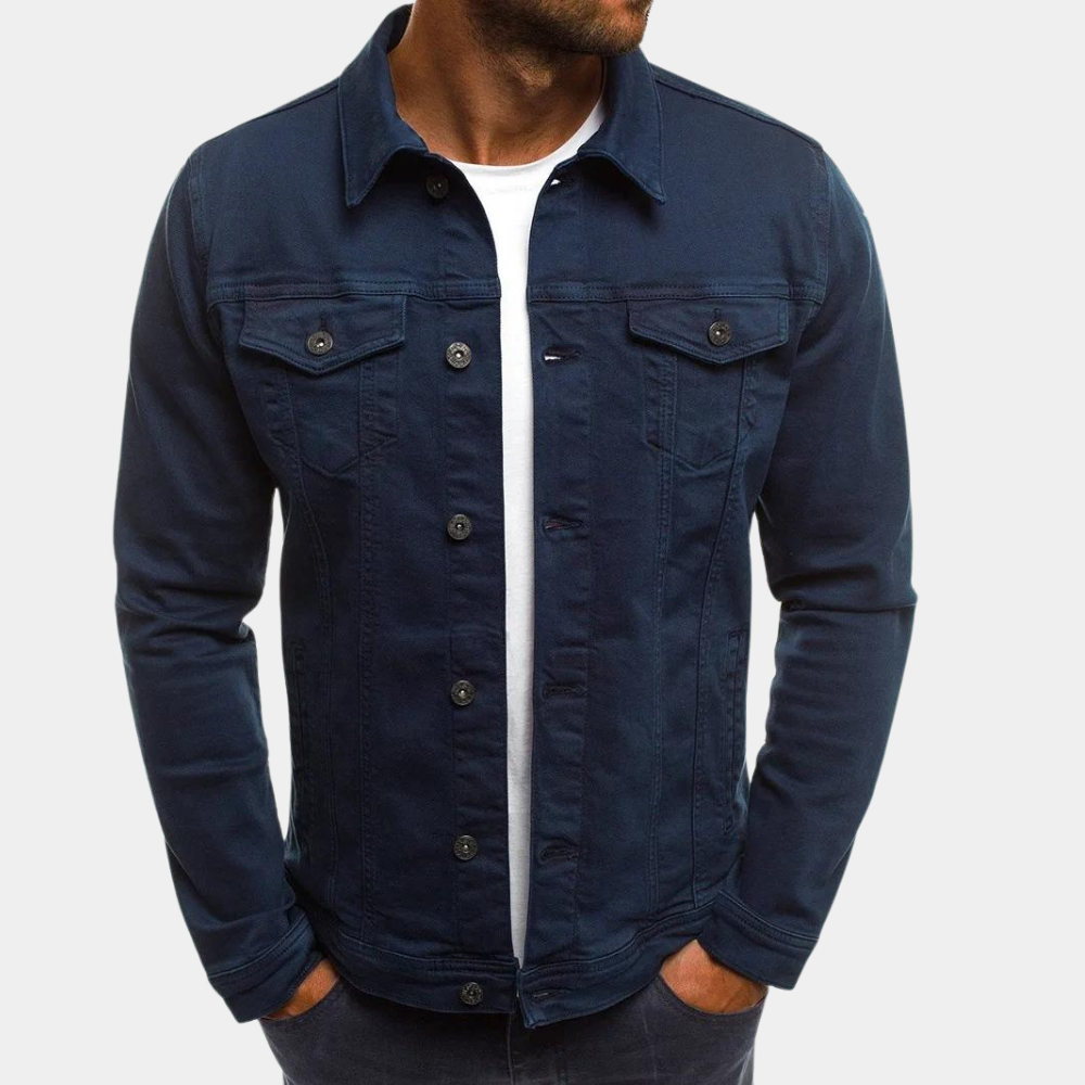 Jeansjacke - Klassische Jeansjacke für Männer mit Knopfleiste für den Sommer-Marineblau-S-Chaps Herrenmode