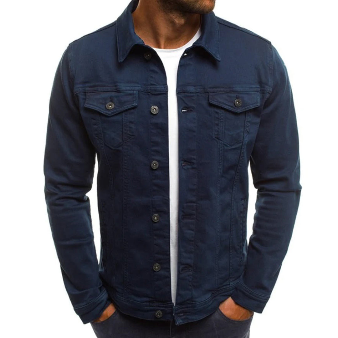 Jeansjacke – Knopfleiste – Schmaler Schnitt – Jeansjacke – Sommerjacke für Männer-Dunkelblau-M-Chaps Herrenmode
