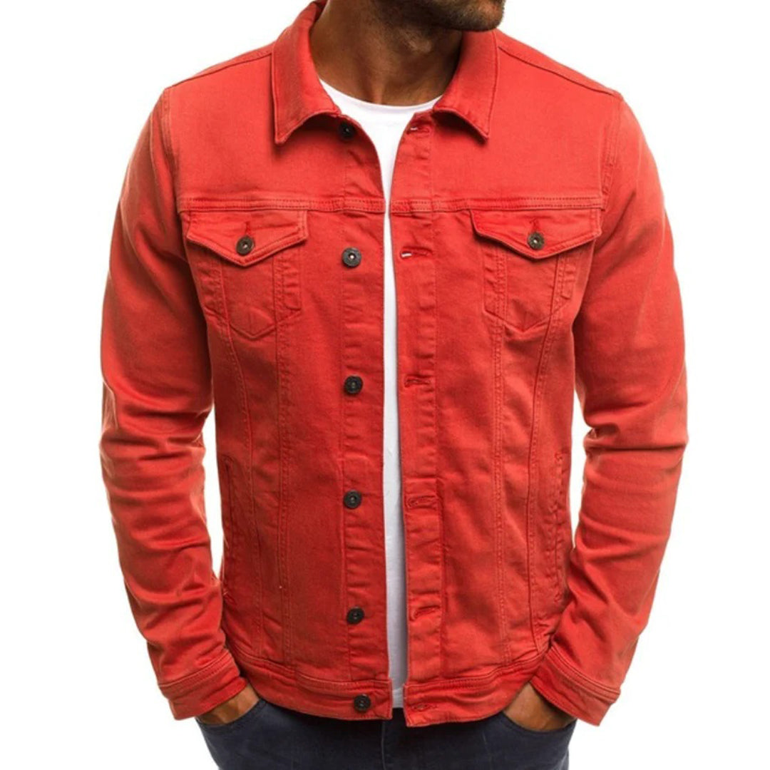 Jeansjacke – Knopfleiste – Schmaler Schnitt – Jeansjacke – Sommerjacke für Männer-Rot-M-Chaps Herrenmode
