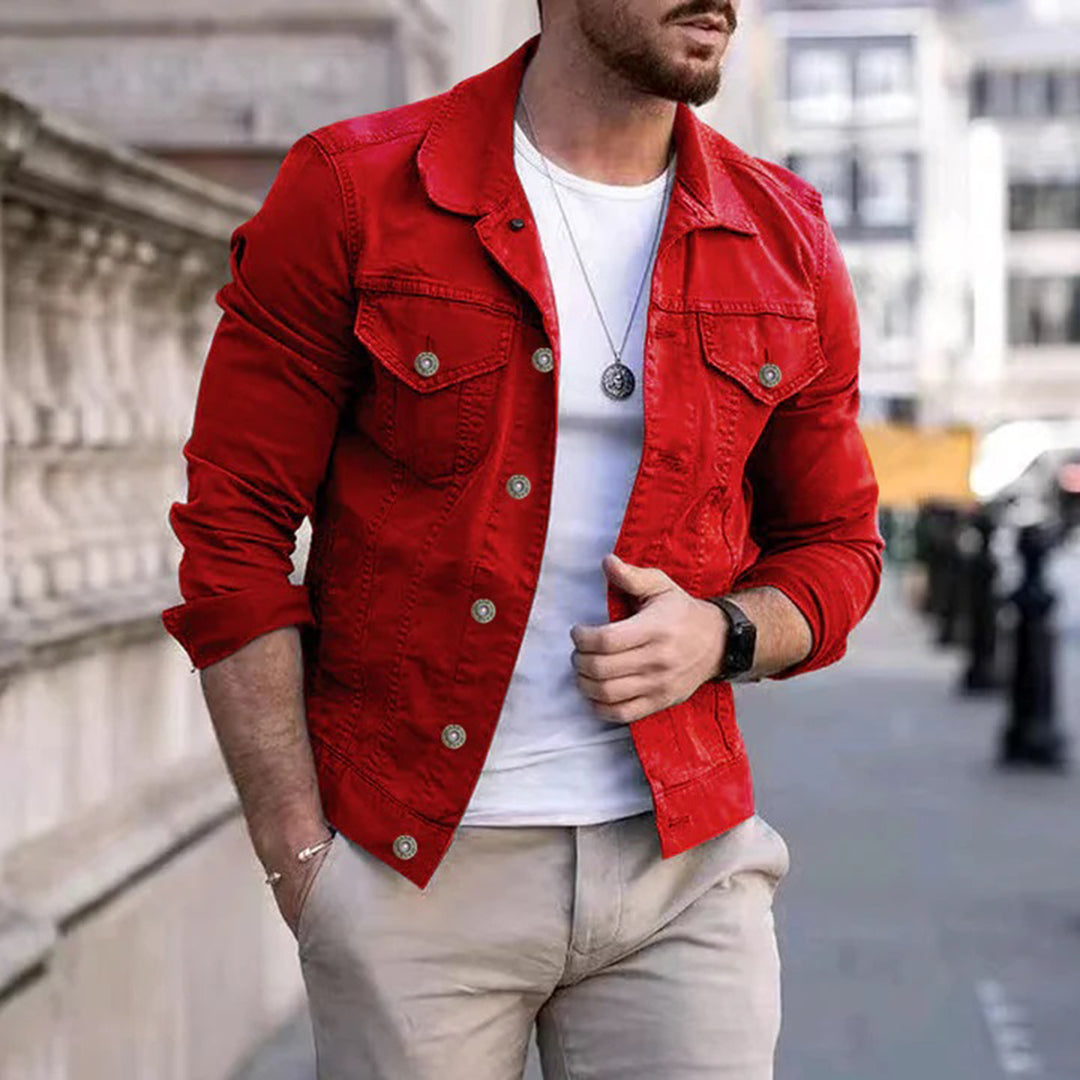 Jeansjacke | Slim Fit | mit Knöpfen | Jeansjacke | Herrenjacke-Rot-S-Chaps Herrenmode