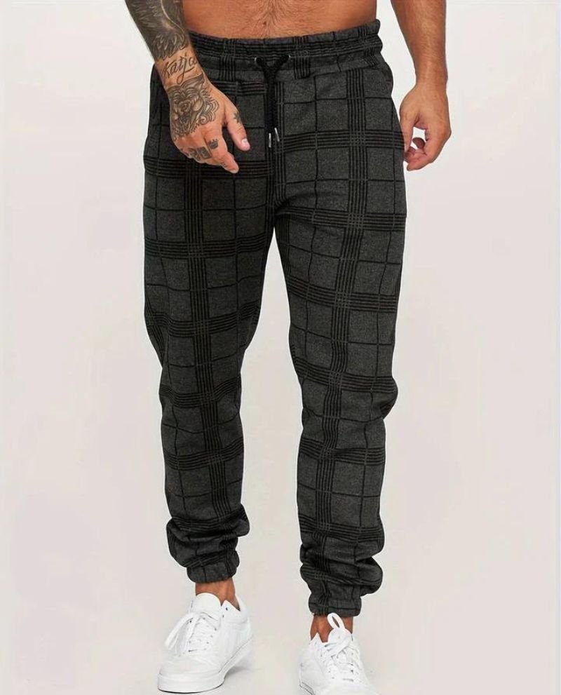 Jogger | Elastische Taille | Kordelzug | Karierte Hose | Herrenhose-Schwarz-M-Chaps Herrenmode