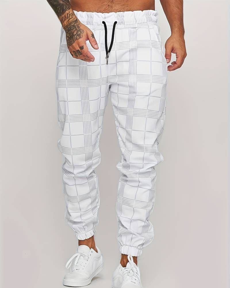Jogger | Elastische Taille | Kordelzug | Karierte Hose | Herrenhose-Weiß-M-Chaps Herrenmode