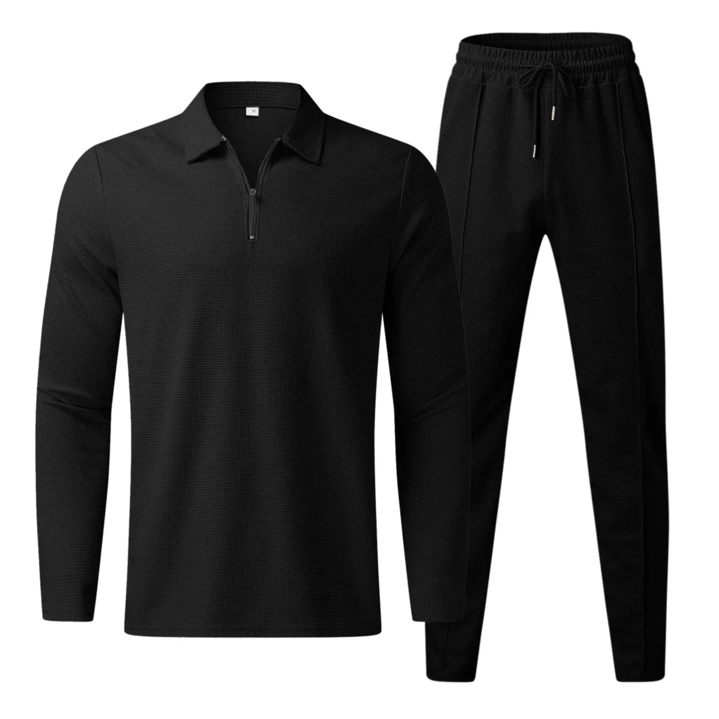 Jogginganzug für Männer – Langarm-Polo – Elastischer Bund – Zweiteiliges Set – Trainingsanzüge für Männer-Schwarz-S-Chaps Herrenmode