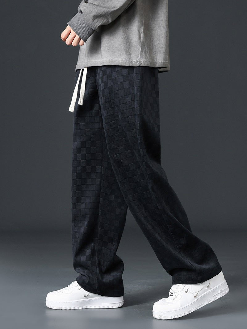 Jogginghosen mit weitem Bein | Elastischer Bund | Karomuster | Locker sitzende Hose | Jogginghosen für Herren-Schwarz-S-Chaps Herrenmode