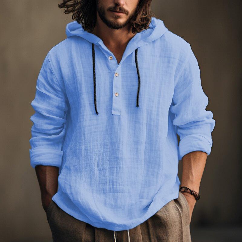 Kapuzenhemd – durchgeknöpft – locker geschnitten – Leinen-Kapuzenpullover – Herrenbekleidung-Blau-S-Chaps Herrenmode