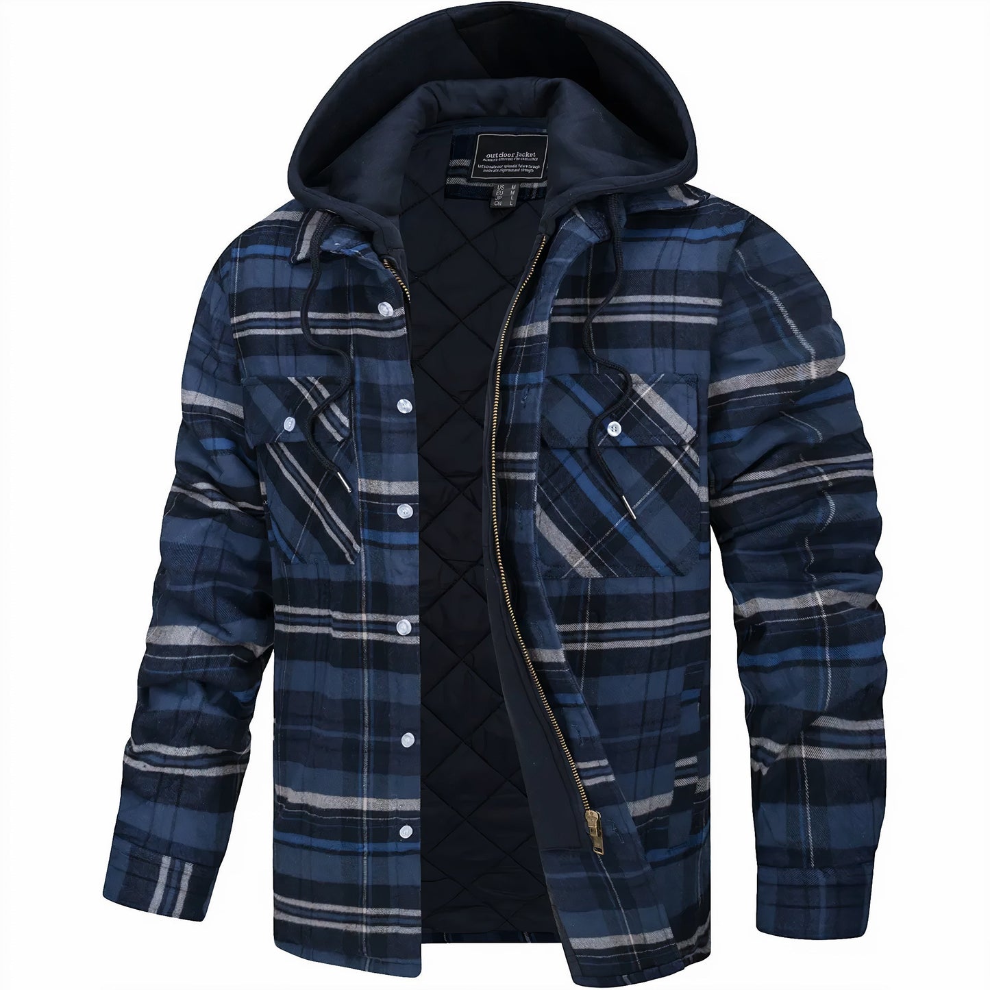 Kapuzenjacke - Kariert - Gestepptes Innenfutter - Zip-Up Hoodie - Herrenjacke-Dunkelblau-S-Chaps Herrenmode