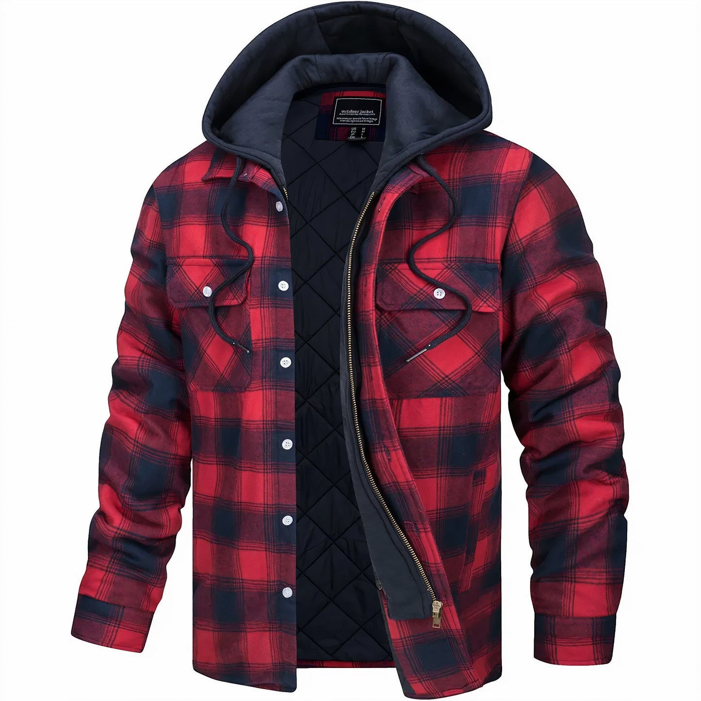 Kapuzenjacke - Kariert - Gestepptes Innenfutter - Zip-Up Hoodie - Herrenjacke-Rot-S-Chaps Herrenmode