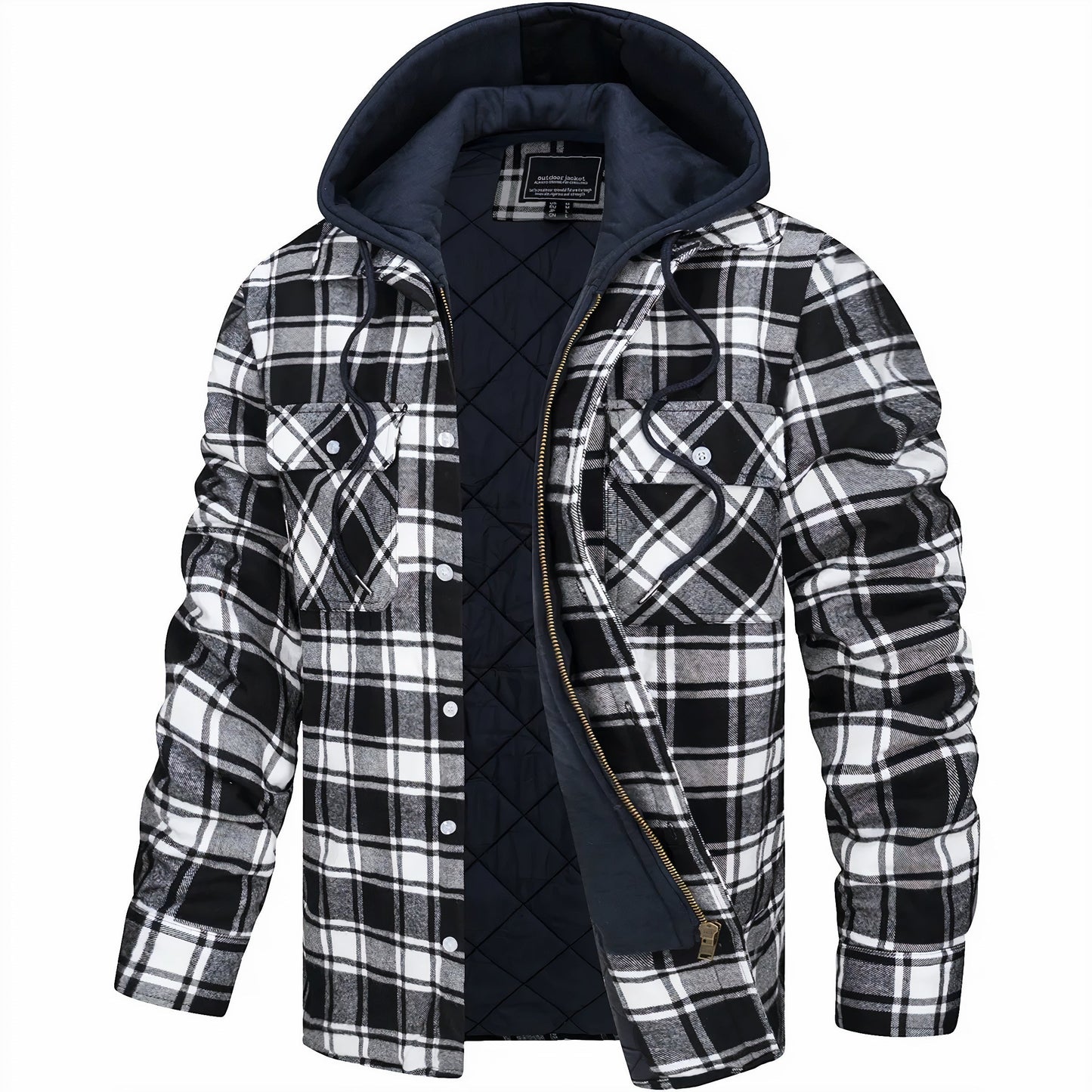 Kapuzenjacke - Kariert - Gestepptes Innenfutter - Zip-Up Hoodie - Herrenjacke-Schwarz-S-Chaps Herrenmode