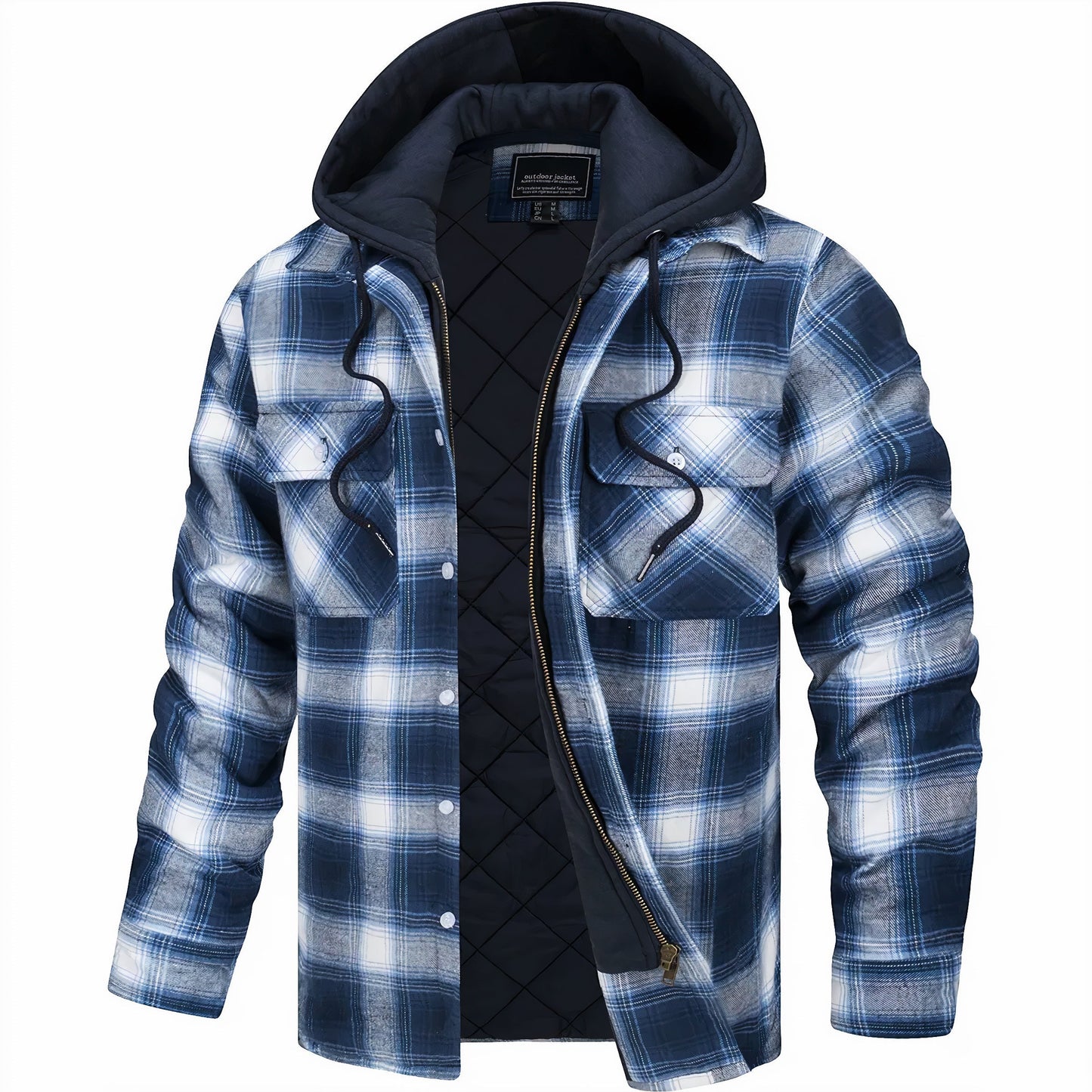 Kapuzenjacke - Kariert - Gestepptes Innenfutter - Zip-Up Hoodie - Herrenjacke-Weiß-Blau-S-Chaps Herrenmode