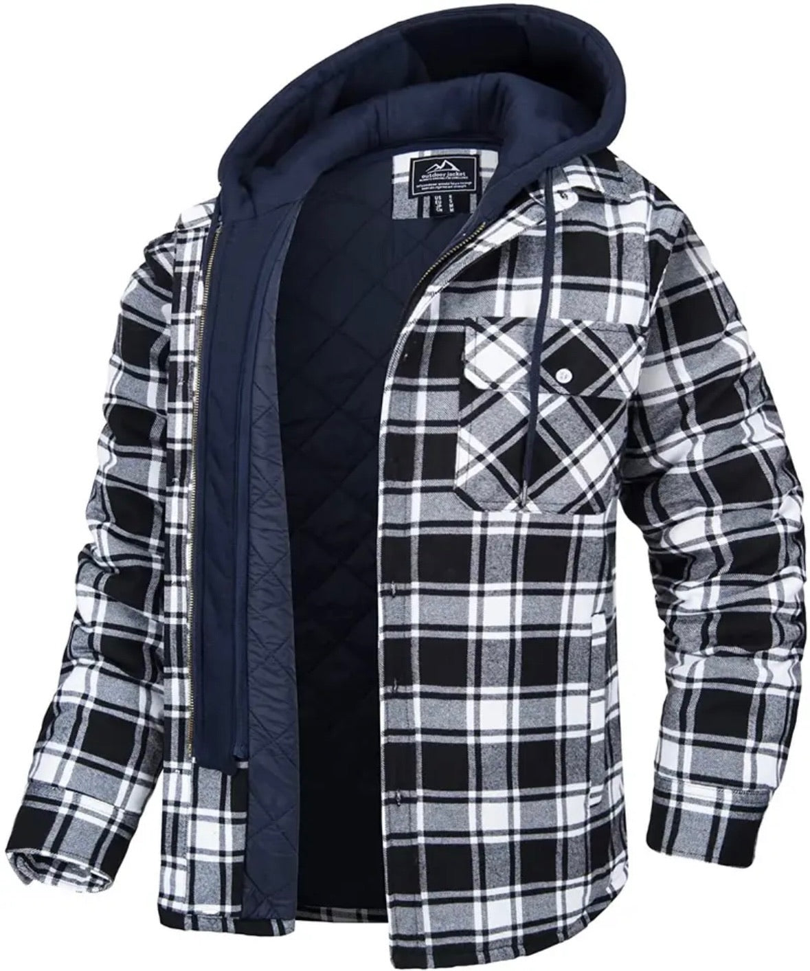 Kapuzenjacke | Steppfutter | Karo | Herbstjacke | Herrenjacken-Schwarz - Weiß-S-Chaps Herrenmode