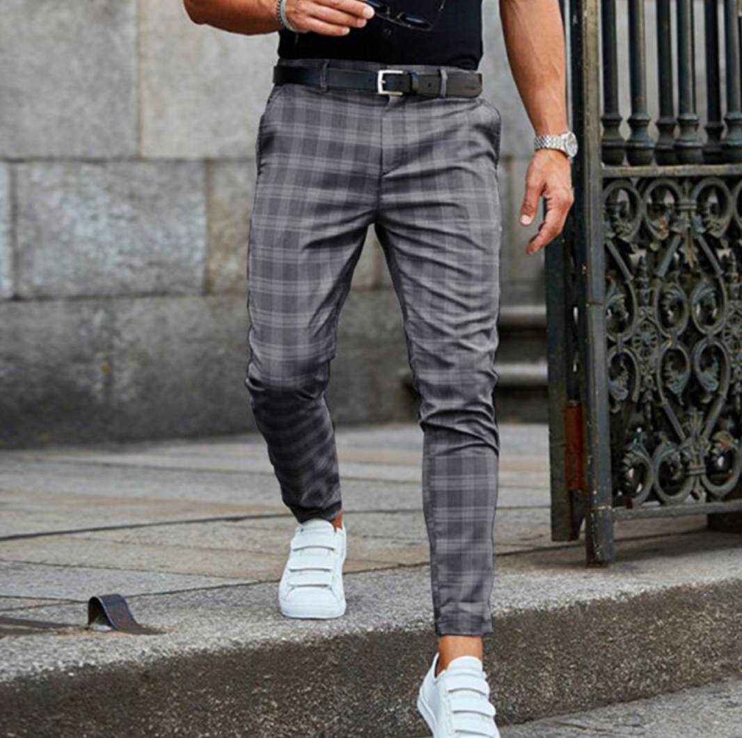 Karierte Hosen - Bequeme Slim Fit Stretch Chinos für Männer-Grau-XS-Chaps Herrenmode