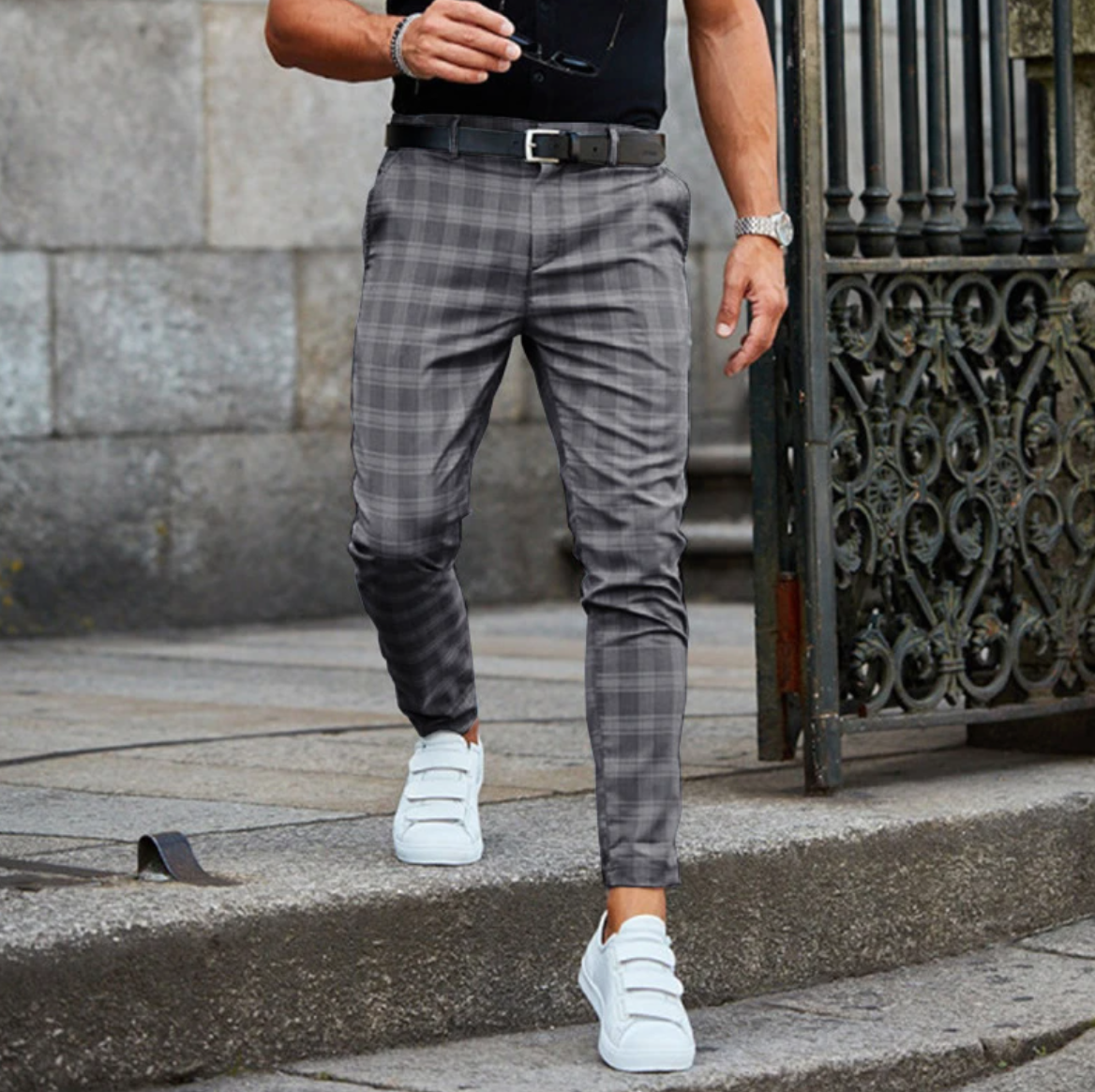 Karo-Hosen | Slim-Fit | Stretch | Herren Mode-Hosen | Herren-Hosen-Grau-S-Chaps Herrenmode