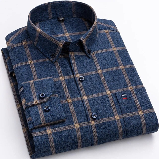 Karohemd | Langarm | Kragen | Hemd mit Knöpfen | Herrenhemden-Marineblau-S-Chaps Herrenmode