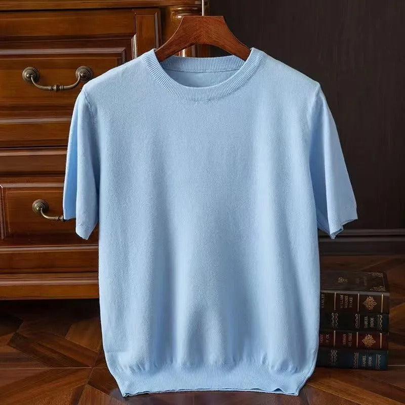 Kaschmir-T-Shirt | Kurzarm | Strick | Herrenbekleidung-Blau-S-Chaps Herrenmode