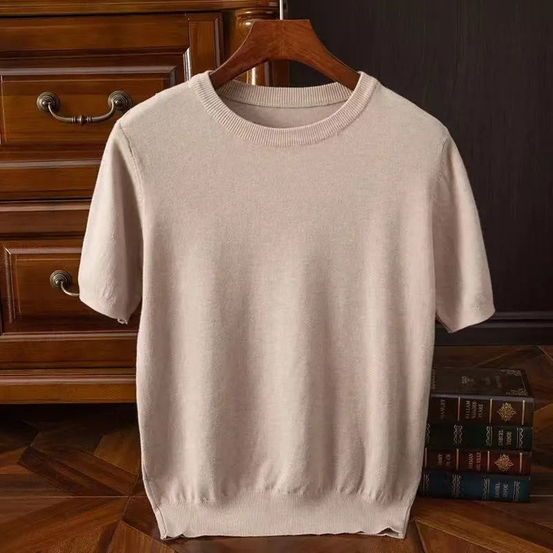 Kaschmir-T-Shirt | Kurzarm | Strick | Herrenbekleidung-Khaki-S-Chaps Herrenmode