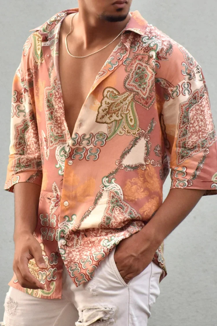 Knopfleiste Hemd - Kurzarm - Bedruckt - Sommerhemd - Herrenhemd-Pfirsich-S-Chaps Herrenmode
