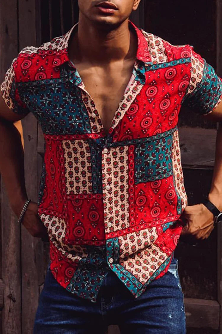 Knopfleiste Hemd - Kurzarm - Bedruckt - Sommerhemd - Herrenhemd-Rot-S-Chaps Herrenmode