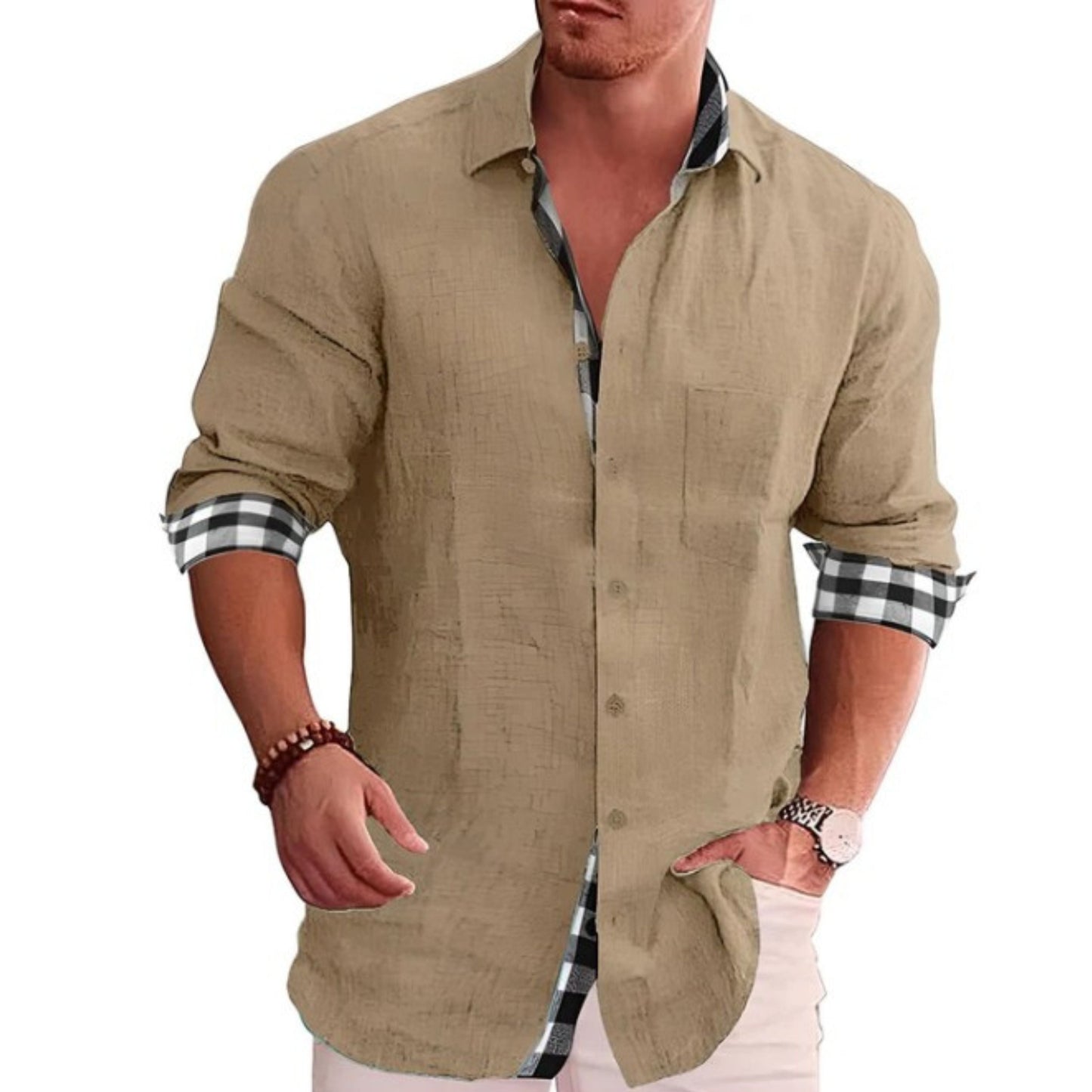 Knopfleiste | Langarm | Leicht | Hemd mit Kragen | Lässige Herrenhemden-Braun-S-Chaps Herrenmode
