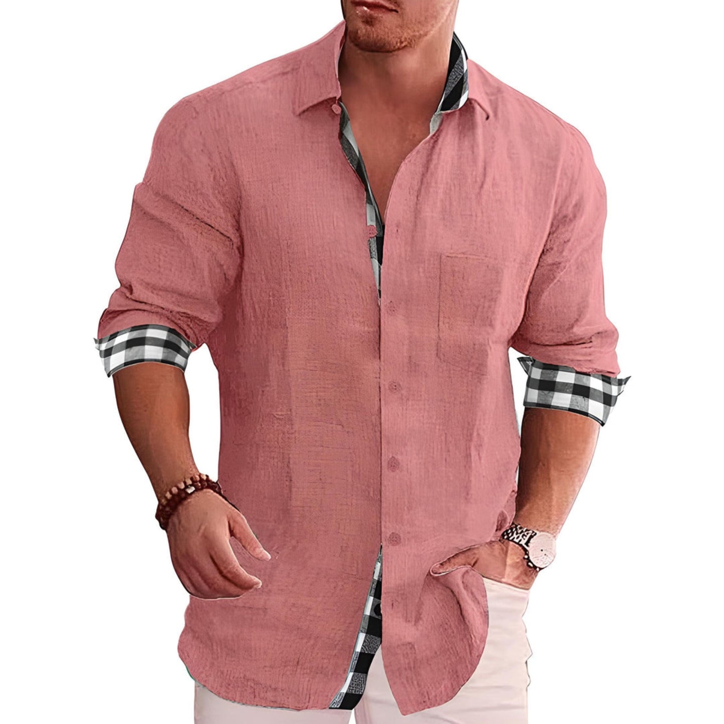 Knopfleiste | Langarm | Leicht | Hemd mit Kragen | Lässige Herrenhemden-Rosa-S-Chaps Herrenmode