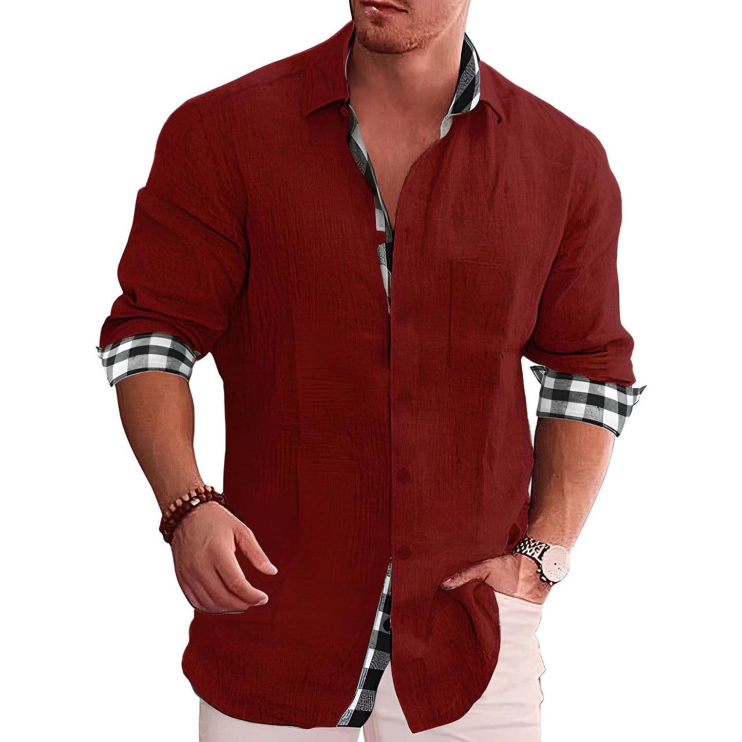 Knopfleiste | Langarm | Leicht | Hemd mit Kragen | Lässige Herrenhemden-Rot-S-Chaps Herrenmode