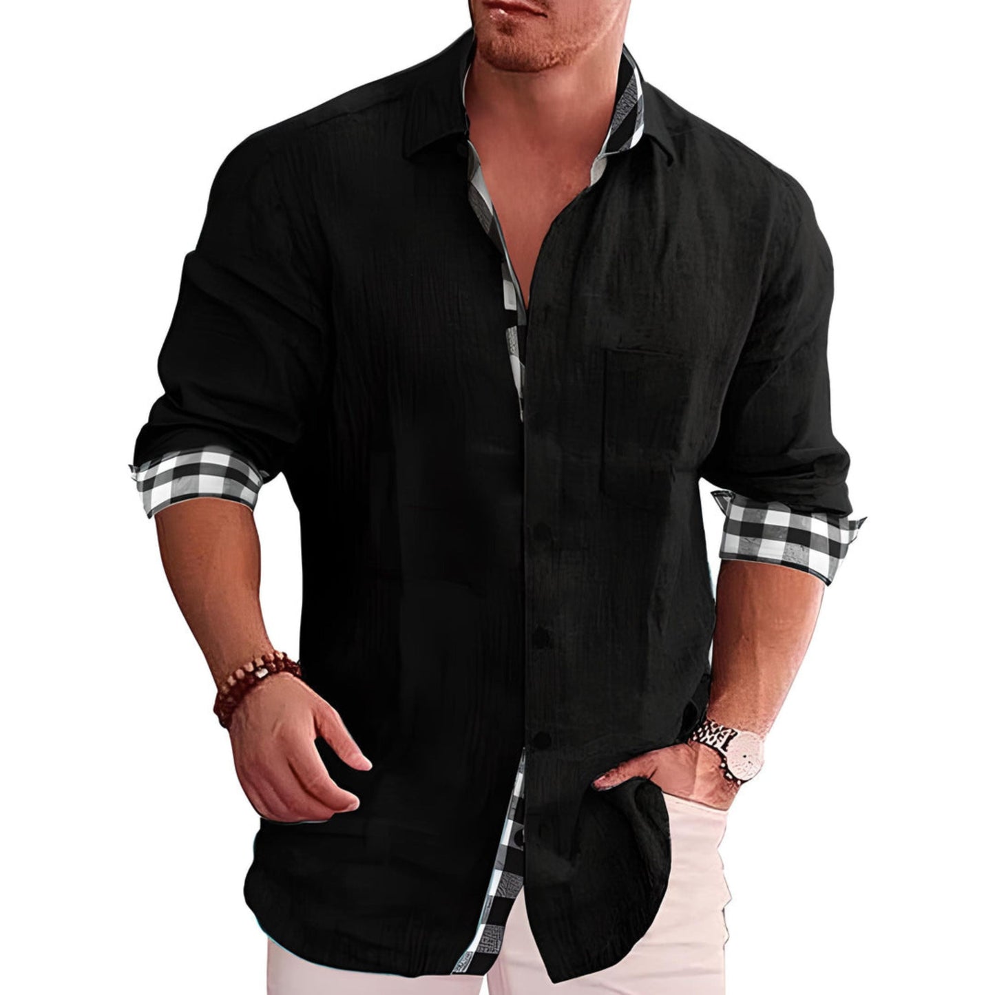 Knopfleiste | Langarm | Leicht | Hemd mit Kragen | Lässige Herrenhemden-Schwarz-S-Chaps Herrenmode