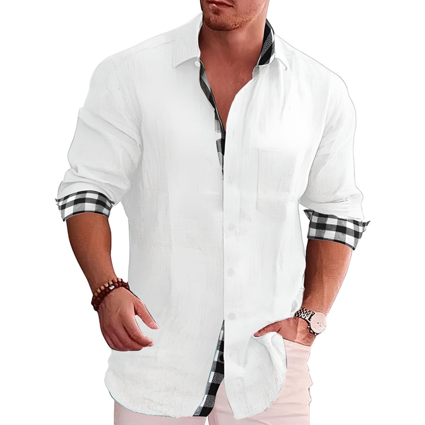 Knopfleiste | Langarm | Leicht | Hemd mit Kragen | Lässige Herrenhemden-Weiß-S-Chaps Herrenmode