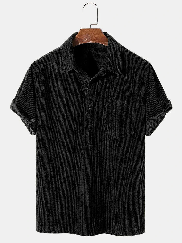 Kordhemd – Kurzarm – Lockere Passform – Polohemd – Herrenhemden-Schwarz-S-Chaps Herrenmode