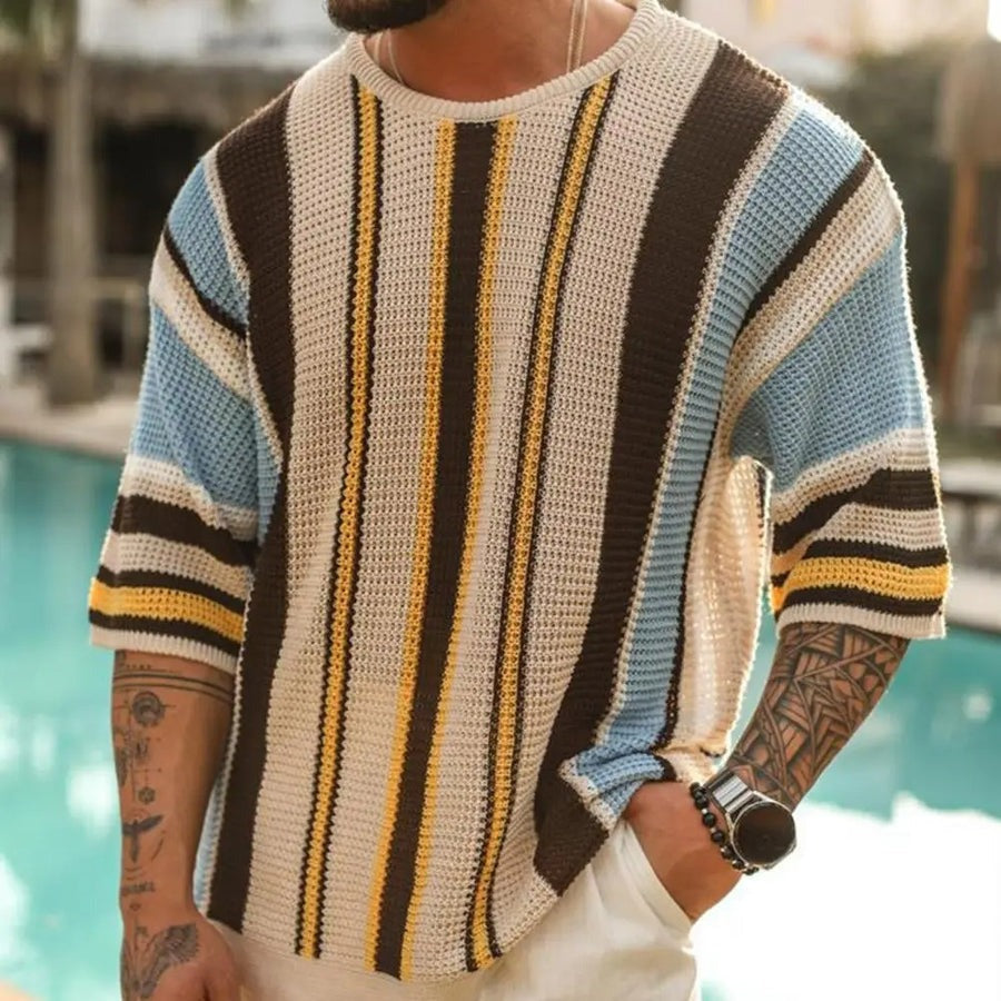 Kurzarm-Pullover | Lockere Passform | Gestreift | Sommerpullover | Herrenbekleidung-Beige-S-Chaps Herrenmode