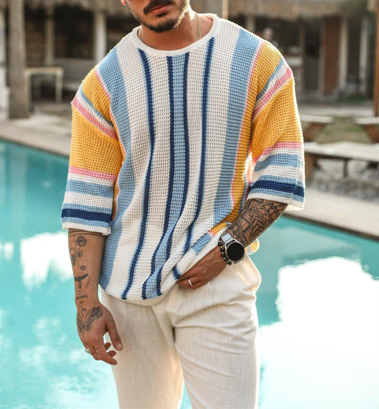 Kurzarm-Pullover | Lockere Passform | Gestreift | Sommerpullover | Herrenbekleidung-Chaps Herrenmode