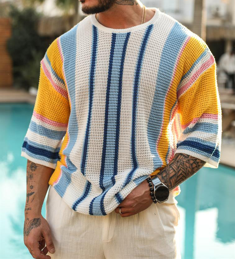 Kurzarm-Pullover | Lockere Passform | Gestreift | Sommerpullover | Herrenbekleidung-Weiß-S-Chaps Herrenmode