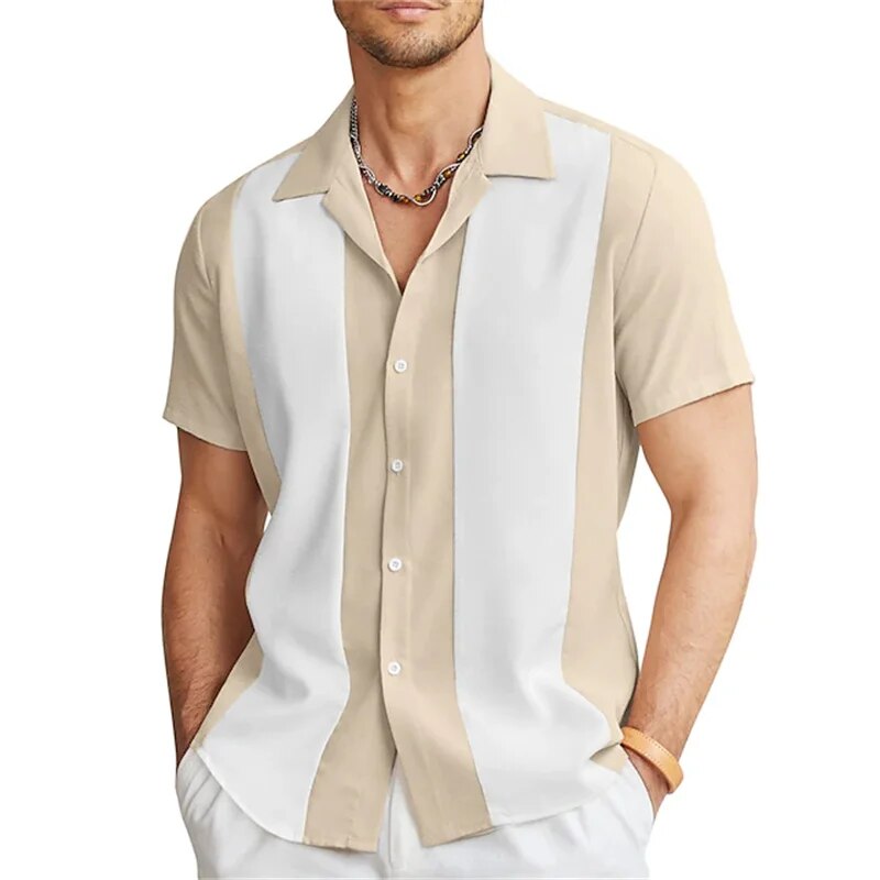 Kurzarmhemd | Gestreift | Button-Up | Sommerhemd | Herrenhemden-Beige-M-Chaps Herrenmode