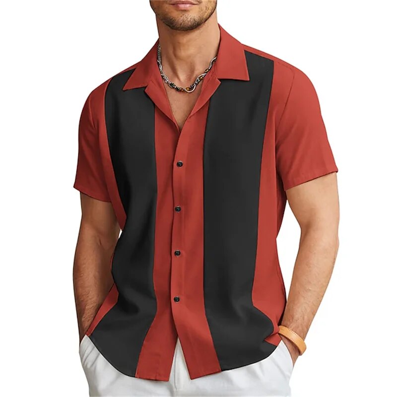 Kurzarmhemd | Gestreift | Button-Up | Sommerhemd | Herrenhemden-Rot & Schwarz-M-Chaps Herrenmode