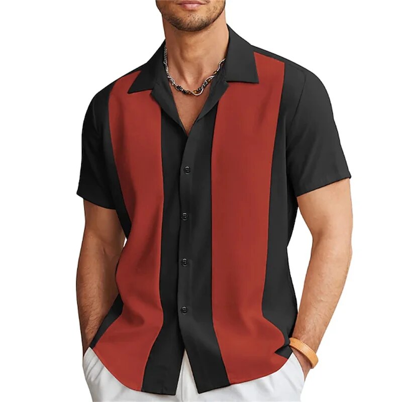 Kurzarmhemd | Gestreift | Button-Up | Sommerhemd | Herrenhemden-Schwarz & Rot-M-Chaps Herrenmode