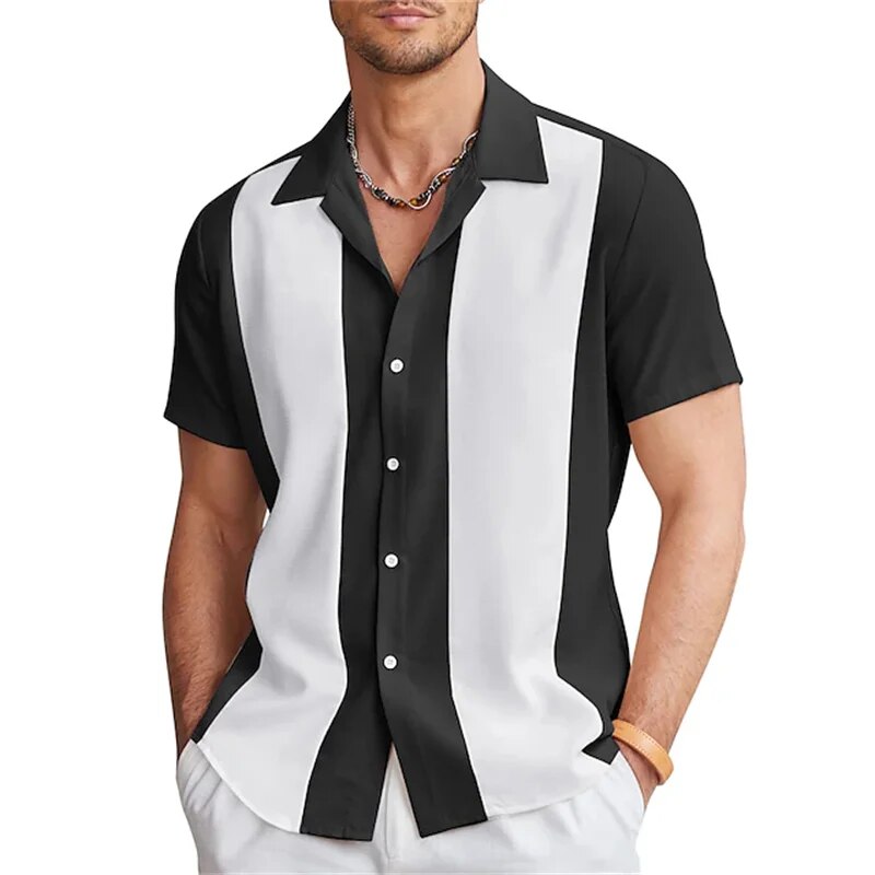 Kurzarmhemd | Gestreift | Button-Up | Sommerhemd | Herrenhemden-Schwarz & Weiß-M-Chaps Herrenmode