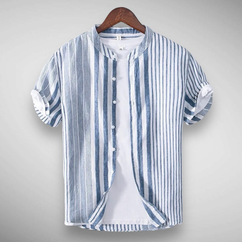 Kurzarmhemd | Gestreift | Leinen | Hemd mit Knöpfen | Herrenhemden-Blau-XS-Chaps Herrenmode