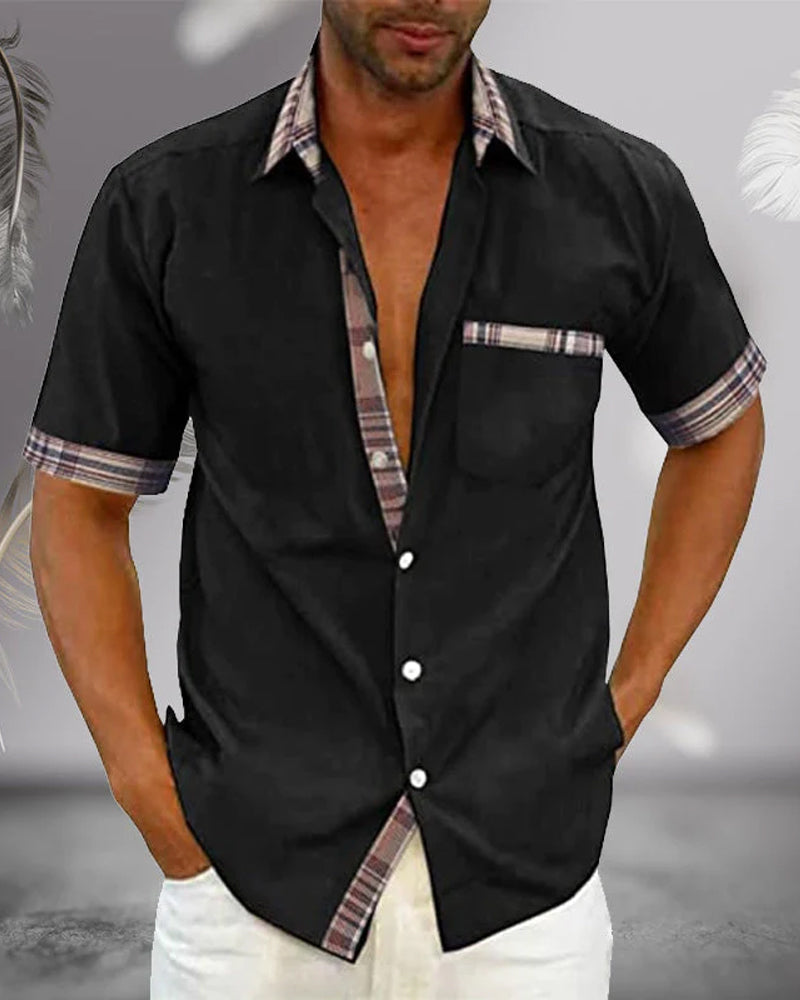 Kurzarmhemd – Herren-Freizeithemd mit Umlegekragen und Knopfleiste-Schwarz-S-Chaps Herrenmode